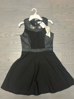 Girls Black Sleeveless Fit & Flare Dress with Embroidered Collar